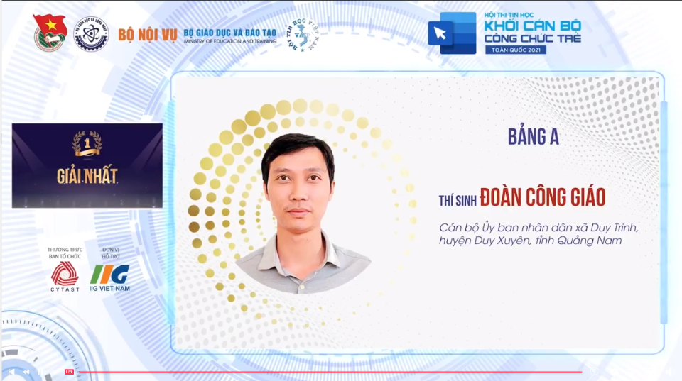 Thí sinh Quảng Nam đạt giải nhất hội thi Tin học khối cán bộ công chức trẻ toàn quốc lần thứ VIII, năm 2021